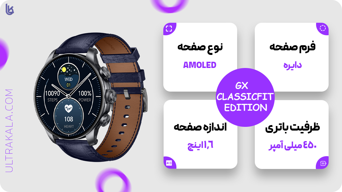 اینفوگرافیک ساعت هوشمند گلوریمی مدل Glorimi GX CLASSICFIT (LIMITED EDITION)